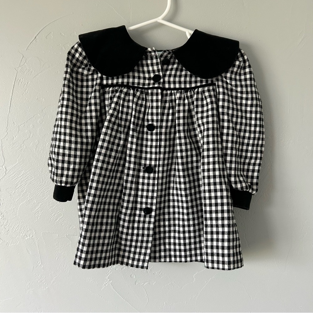 Vintage Girl's Black White Gingham Check Velvet Bow Back Dress 12 Preppy Holiday